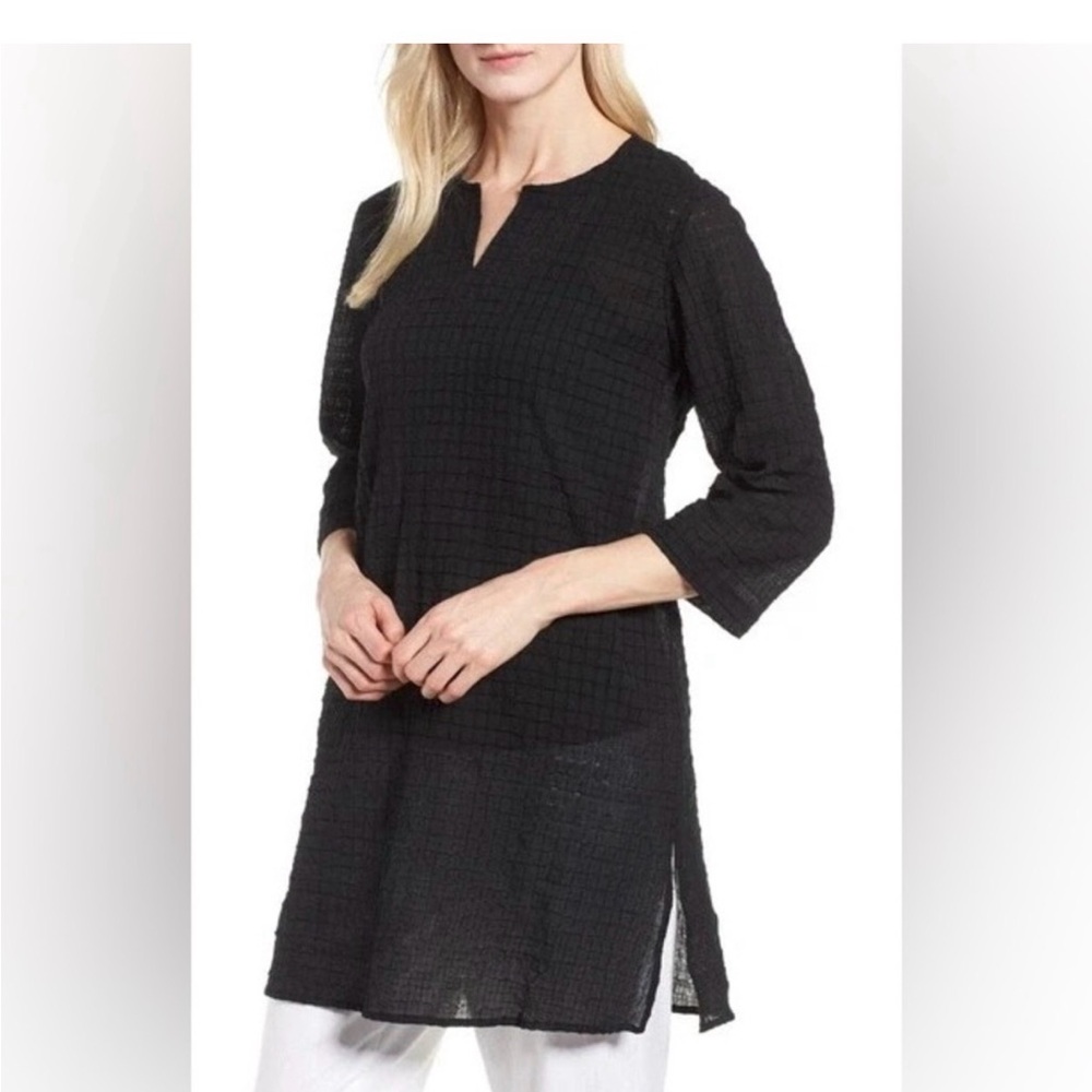 Eileen Fisher Black Organic Cotton Grid Textured Tunic Top L (Estimated) - Picture 2 of 9